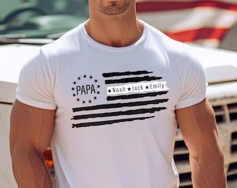 Camiseta para papá con nombres de niños - Camiseta personalizada para el Día del Padre - Regalo para el Día del Padre - Camiseta para papá con bandera estadounidense - Camisetas personalizadas para papá - Regalo para papá