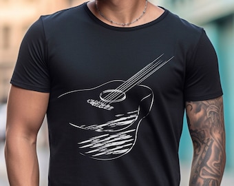 May include: A black t-shirt with a white outline of a guitar on the front.