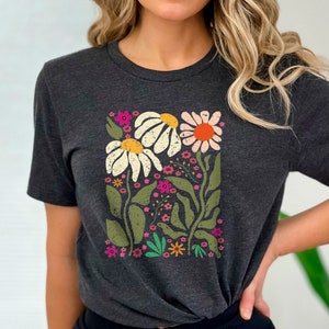 Wildblumen T-Shirt, Vintage Blumen Shirt, Blumen T-Shirt, Wildblumen Shirt, Geschenk für Frauen, Blumen Shirt, Damenhemden, beste Freundin Geschenk Heather Dark Grey