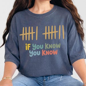 May include: A navy blue t-shirt with the text "If You Know You Know" in colorful letters. The shirt also features a series of vertical lines in yellow and brown. The model is wearing blue jeans.