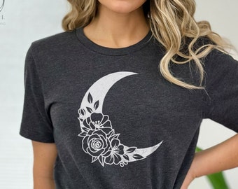 Camicia floreale lunare, fasi lunari, luna celeste, regalo lunare per la mamma, maglietta lunare, camicia lunare crescente, camicia celeste, regalo per lei