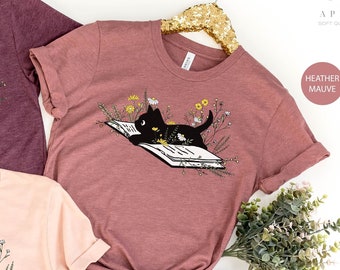 Floral Cat Shirt, Cat Lover Shirt, Cat Book Shirt, Cat Lover Gift, Gift for Her, Cat Mom Shirt Gift, Cute Cat Shirts, Cute Book Cat Shirt