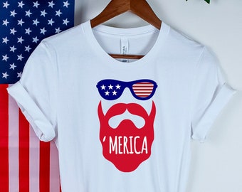 Camisa Merica, camisa Merica Glasses, camisa patriótica Merica para pai, marido, filho, camisa Merica unissex, presente de 4 de julho, camisa Beard Merica
