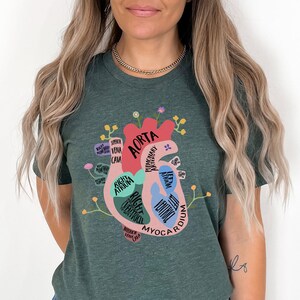 May include: A green t-shirt with a colorful anatomical heart graphic. The heart is labeled with the names of its parts, including the aorta, right atrium, right ventricle, and myocardium.