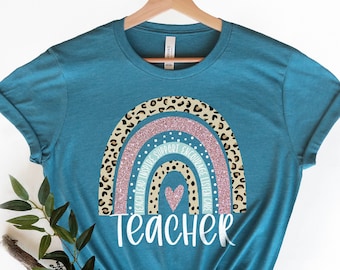 Teacher Graphic Tee – 'Teach' Rainbow Leopard Print T-Shirt, Women's Sizes (Bleach Blue, Medium) - View #2