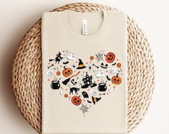 Camiseta de Halloween con corazones, camiseta vintage de Halloween, camiseta de calabaza, camiseta de temporada de calabazas, regalo de Halloween para mamá, camiseta bonita de Halloween