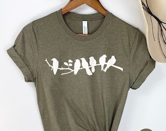 Chemise oiseaux, chemise oiseaux sur fil métallique, chemise oiseau femme, chemise oiseau enfant, chemise amateur d'oiseaux, chemise cadeau oiseau, t-shirt oiseau, cadeau oiseau d'anniversaire