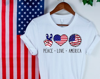 Peace Love America Shirt with American Flag, Patriotic Sunflower Shirt, Patriotic Shirt Gift for Independence Day, 4th of July T-Shirt Gift