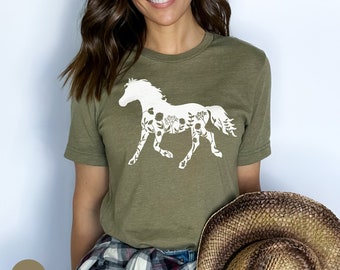 Camiseta de caballo para mujer, camiseta floral de caballo, regalos ecuestres, regalos de caballos para mujer, camiseta para amantes de los caballos, camiseta para mujer con caballos, regalo para dueña de un caballo