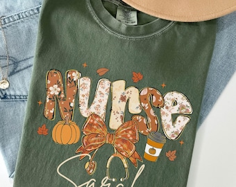 Comfort Colors® Fall Nurse Shirt - Autumn T-Shirt for Registered Nurse - Personalized Nurse Pumpkin Shirt - Coquette Nurse Tee