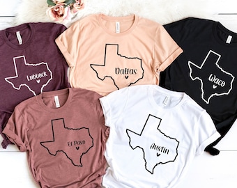 Camisa personalizada de Texas, camisas de ciudades de Texas, camisas personalizadas de mapas de Texas, camisa de casa de Texas, camisa del estado de Texas, regalo de camisetas de Texas, recuerdo de Texas