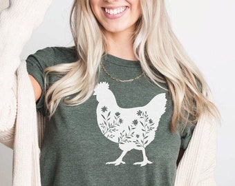 Camiseta de galinha floral, camiseta de galinha, camiseta de fazenda, camiseta de amante de galinhas, camiseta de galinha feminina, camisetas de fazenda, encantadora de galinhas, camiseta de garota da fazenda