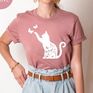Cat Shirts, Cat Shirts for Women, Butterfly Cat Shirt, Cat Mom Shirt, Cat Lover Shirt, Cat Shirt Gift, Kitten Shirts, Kitty Shirts for Women