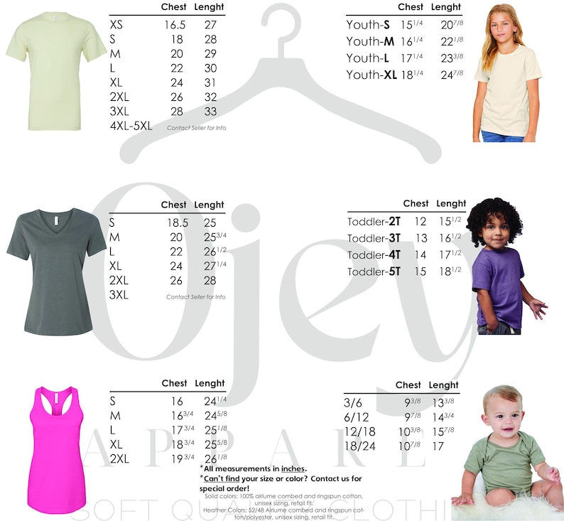 May include: Size chart for t-shirts, tank tops, and onesies. The chart shows chest and length measurements in inches for different sizes, including XS, S, M, L, XL, 2XL, 3XL, 4XL-5XL, Youth-S, Youth-M, Youth-L, Youth-XL, Toddler-2T, Toddler-3T, Toddler-4T, Toddler-5T, 3/6, 6/12, 12/18, and 18/24.