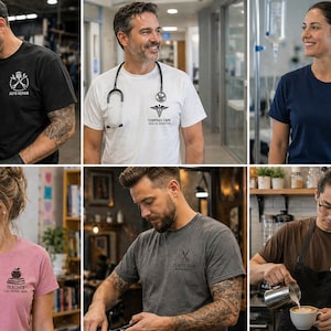 May include: A selection of people wearing t-shirts with professional logos. The shirts are black, white, navy, pink, and brown. Professions include auto repair, healthcare, teaching, barbering, and barista.