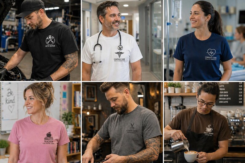 May include: A selection of people wearing t-shirts with professional logos. The shirts are black, white, navy, pink, and brown. Professions include auto repair, healthcare, teaching, barbering, and barista.