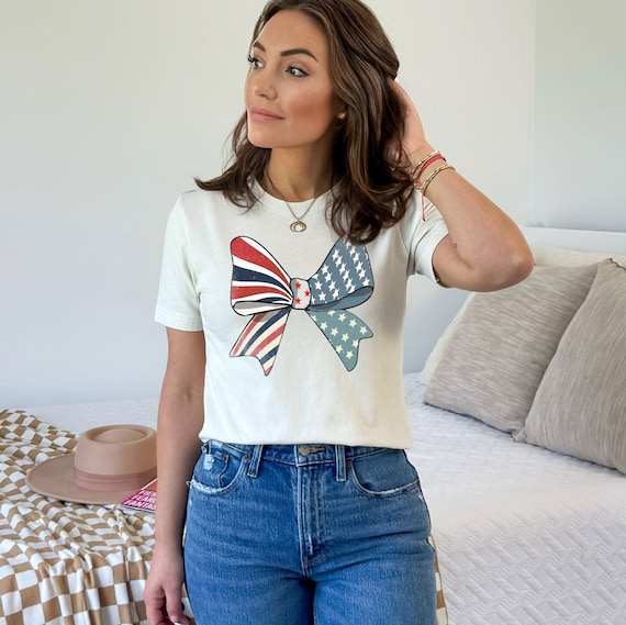 4th of July Bow T-Shirt - Coquette USA Bow Shirt - American Flag Bow Tee - Aesthetic Shirt - Patriotic Tee - Memorial Day Tee -Women's Tee