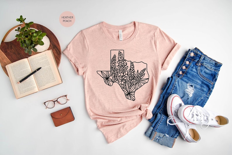 Texas Shirt, Texas State Shirt, Texan Shirt, Country Shirt Women, Bluebonnet Shirt, Texas Lover Shirt Gift for Texan, Gift for Country Lover Heather Peach
