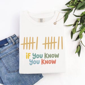 May include: White t-shirt with the text "If You Know You Know" in colorful letters. The shirt features a tally mark design in yellow. A pair of blue jeans is folded next to the shirt. A gold necklace and greenery are also in the image.