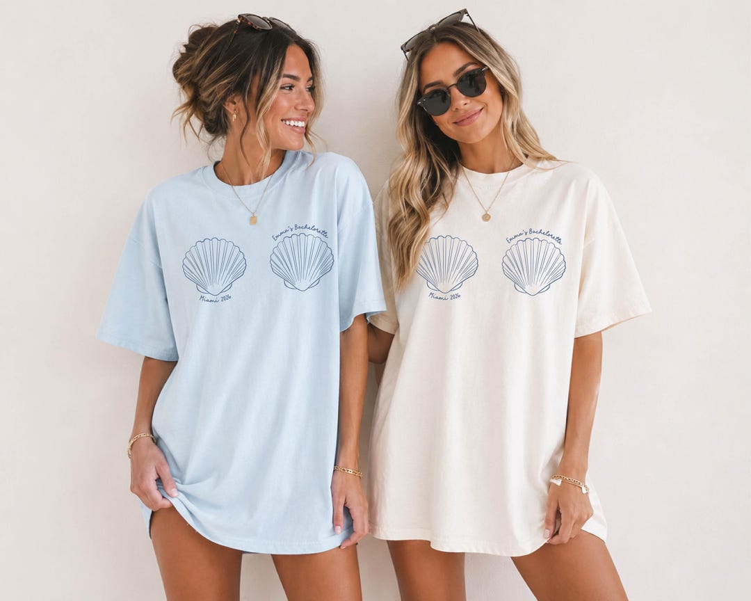 Custom Beach Bachelorette T-Shirts - Coastal Bach Party Shirts - Seashell Bridesmaids Tees