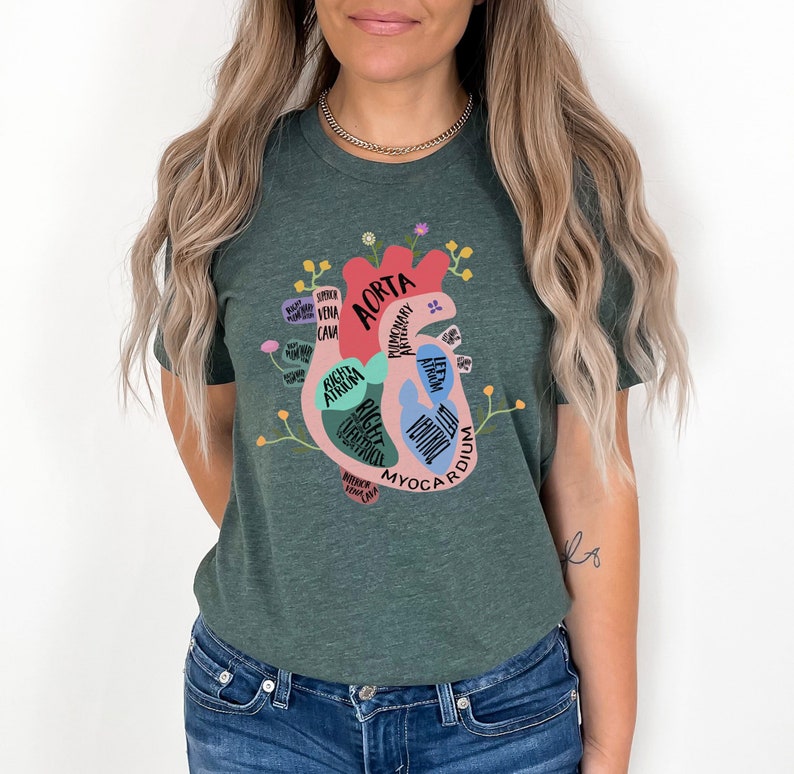 May include: A green t-shirt with a colorful anatomical heart graphic. The heart is labeled with the names of its parts, including the aorta, right atrium, right ventricle, and myocardium.