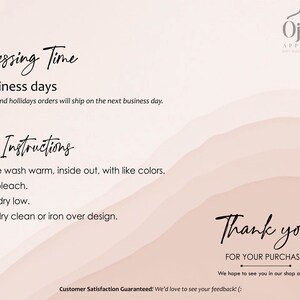 K&ouml;nnte beinhalten: Eine rosa und wei&szlig;e Grafik mit dem Text "Processing Time 1-3 business days *Weekends and holidays orders will ship on the next business day." und "Care Instructions Machine wash warm, inside out, with like colors. Do not bleach. Tumble dry low. Do not dry clean or iron over design." und "Thank you FOR YOUR PURCHASE We hope to see you in our shop again! Customer Satisfaction Guaranteed! We'd love to see your feedback! (: "