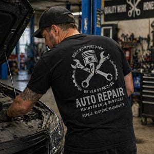 May include: A mechanic wearing a black t-shirt with a graphic of a piston and spanners, with the text "AUTO REPAIR" and "DRIVEN BY PASSION". The mechanic is working on a car in a garage.