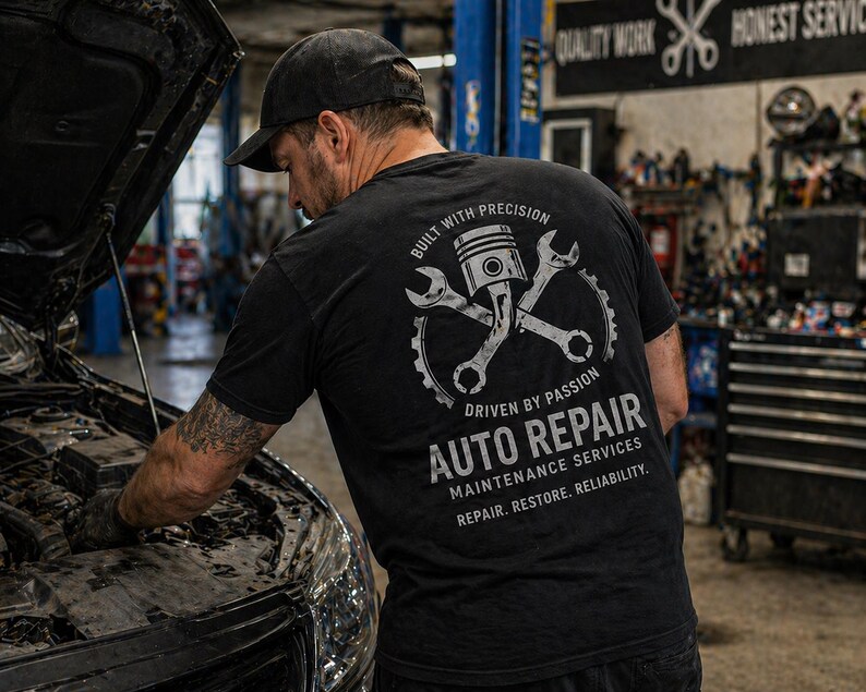 May include: A mechanic wearing a black t-shirt with a graphic of a piston and spanners, with the text "AUTO REPAIR" and "DRIVEN BY PASSION". The mechanic is working on a car in a garage.
