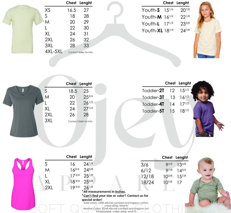 May include: Size chart for t-shirts, tank tops, and onesies. The chart shows chest and length measurements in inches for sizes XS to 5XL, Youth S to XL, Toddler 2T to 5T, and sizes 3/6 to 18/24.
