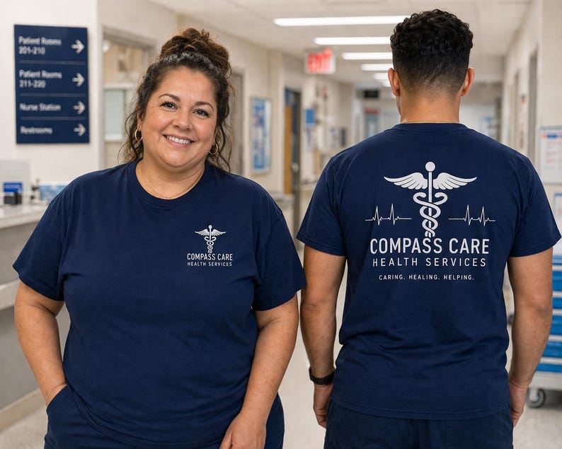 May include: Two people wearing navy blue t-shirts with the Compass Care Health Services logo. The front of the shirt has a small logo, while the back features a larger design with a caduceus symbol, wings, and text. The text reads "Caring. Healing. Helping."