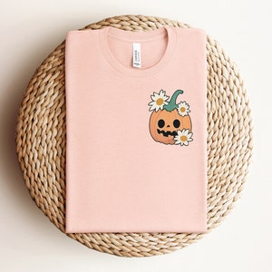May include: A pink t-shirt with a cartoon pumpkin with a smiling face and flowers on it.
