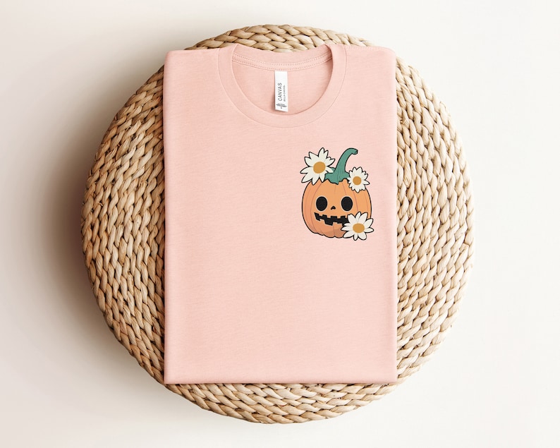 May include: A pink t-shirt with a cartoon pumpkin with a smiling face and flowers on it.