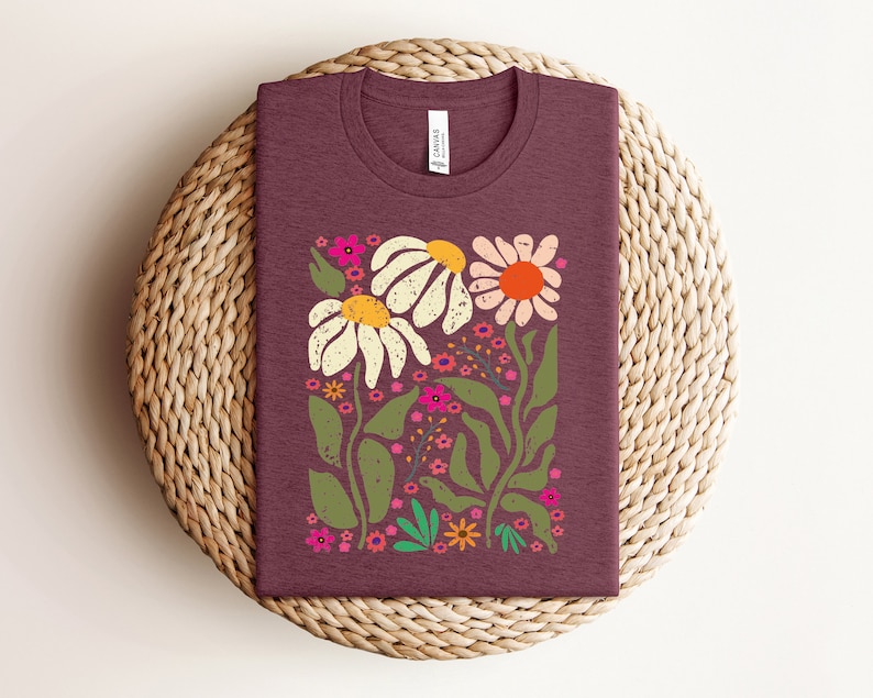 Wildblumen T-Shirt, Vintage Blumen Shirt, Blumen T-Shirt, Wildblumen Shirt, Geschenk für Frauen, Blumen Shirt, Damenhemden, beste Freundin Geschenk Heather Maroon