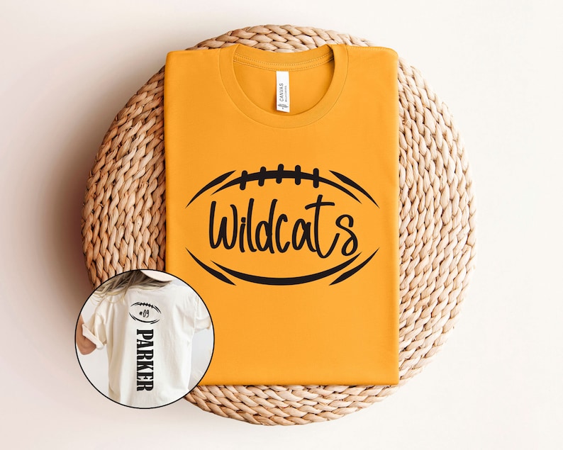 May include: A yellow t-shirt with a black football graphic and the text "Wildcats". A white t-shirt with the text "Parker" and a football graphic is also shown.