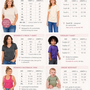 以下が含まれることがあります： 大人、子供、幼児向けのTシャツ、女性用タンクトップ、ボディスーツのサイズ表。 各サイズの胸囲と着丈をインチで表示し、快適な着心地のためのフィット感と素材に関する情報を提供しています。