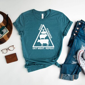 May include: Teal blue t-shirt with a white graphic of a food pyramid made of animals. The text "FOOD PYRAMID" is above the animals and the text "EAT MEAT. REPEAT" is below the animals.