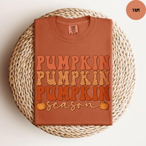 May include: A terracotta-colored t-shirt with the words "PUMPKIN PUMPKIN PUMPKIN season" in a retro font. The word "PUMPKIN" is repeated three times, with the middle one having a leopard print pattern. Two orange pumpkins flank the word "season".