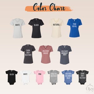 以下が含まれることがあります： さまざまな色のTシャツとボディスーツを表示するカラーチャート。 Tシャツには、白、黒、ナチュラル、トゥルーロイヤル、ダークグレーヘザー、ヘザーモーブ、ヘザーミッドナイトネイビーが含まれます。 ボディスーツは、黒、白、ピンク、アスレチックヘザー、ヘザーコロンビアブルー、ダークグレーヘザーです。