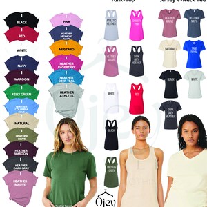 May include: A chart showing different color options for unisex adult t-shirts, women's racerback tank tops, and women's relaxed jersey v-neck tees. The colors include black, red, white, navy, maroon, kelly green, heather columbia blue, natural, heather olive, heather maroon, heather dark gray, and heather mauve.