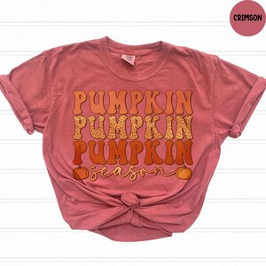 May include: Crimson-colored t-shirt with the words "PUMPKIN PUMPKIN PUMPKIN season" in orange and leopard print lettering. Two small pumpkins are on the bottom of the shirt. The shirt is knotted at the bottom.