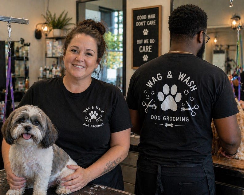 May include: A black t-shirt with the text "WAG & WASH DOG GROOMING" and a paw print logo. A woman and a man are wearing the shirts. A small dog is being held by the woman. A sign says "GOOD HAIR DON'T CARE BUT WE DO CARE".