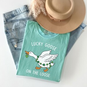 May include: A light blue t-shirt with the text "LUCKY GOOSE ON THE LOOSE" and a cartoon goose wearing a shamrock garland. The shirt is paired with light wash jeans and a tan hat.