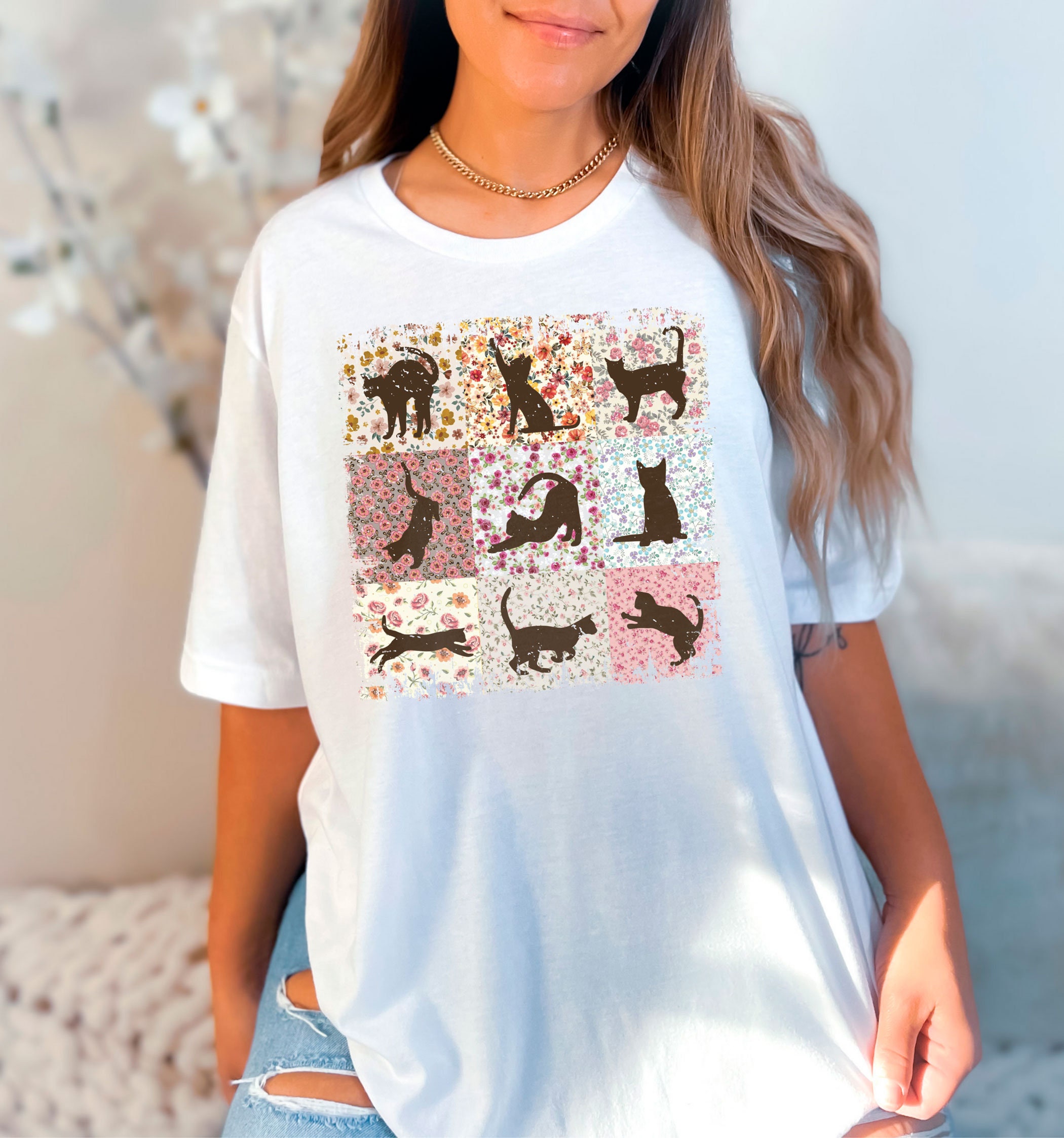 Boho Cats Shirt - Cat Mom T-shirt - Cottage-core Floral Kittens Tee ...