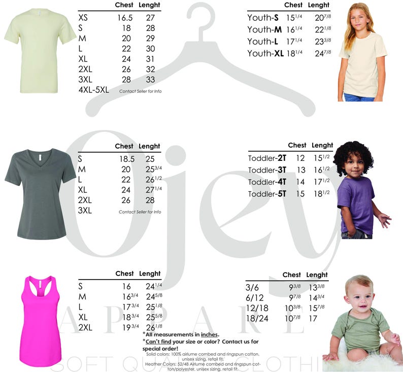 May include: Size chart for t-shirts, tank tops, and onesies. The chart shows chest and length measurements in inches for various sizes, including XS, S, M, L, XL, 2XL, 3XL, 4XL-5XL, Youth-S, Youth-M, Youth-L, Youth-XL, Toddler-2T, Toddler-3T, Toddler-4T, Toddler-5T, 3/6, 6/12, 12/18, and 18/24.