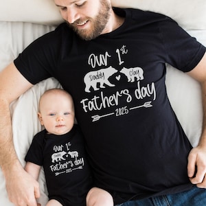 Custom Our First Father&#39;s Day 2025 Shirt, Daddy Bear Tshirt, Dad Shirt With Kids Names, Baby Bear Bodysuits, Father and Baby Matching Shirts