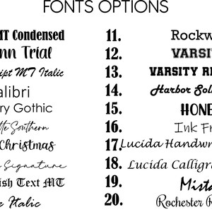 May include: A list of 20 different fonts, numbered 1 through 20, with each font name displayed in the corresponding font style. The font names include Bernard MT Condensed, Adelynn Trial, Brush Script MT Italic, Calibri, Century Gothic, Charlotte Southern, Happy Christmas, Jakarta Signature, Old English Text MT, Rage Italic, Rockwell, VARSITY, VARSITY REGULAR, Harbor Solid Italic, HONEY, Ink Free, Lucida Handwriting Italic, Lucida Calligraphy Italic, Mistal, and Rochester Regular.