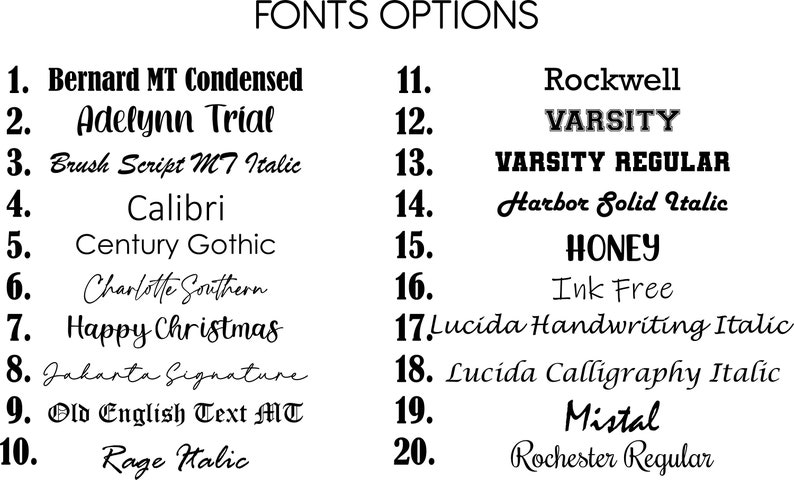 May include: A list of 20 different fonts, numbered 1 through 20, with each font name displayed in the corresponding font style. The font names include Bernard MT Condensed, Adelynn Trial, Brush Script MT Italic, Calibri, Century Gothic, Charlotte Southern, Happy Christmas, Jakarta Signature, Old English Text MT, Rage Italic, Rockwell, VARSITY, VARSITY REGULAR, Harbor Solid Italic, HONEY, Ink Free, Lucida Handwriting Italic, Lucida Calligraphy Italic, Mistal, and Rochester Regular.