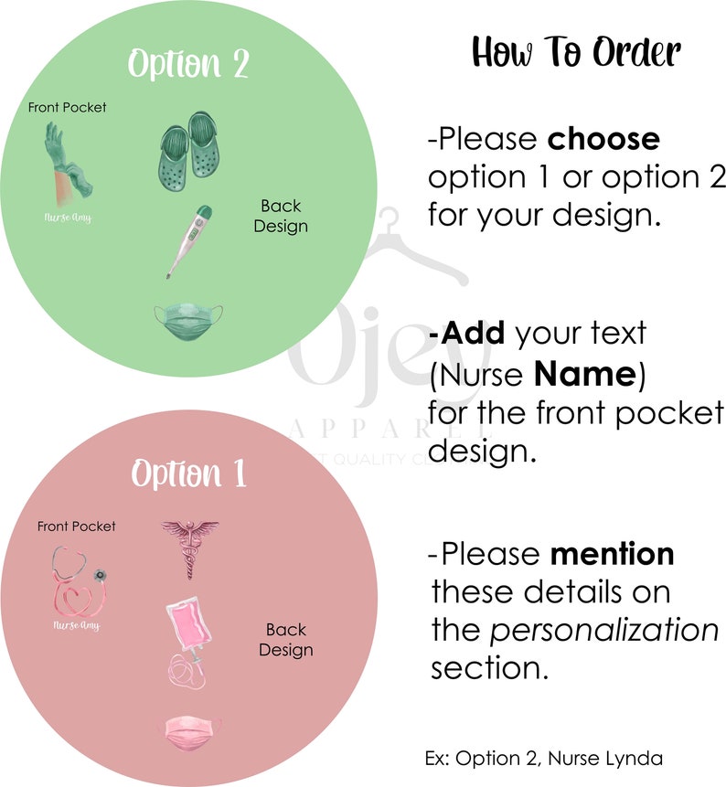 May include: Two design options for a personalized nurse scrub top. Option 1 features a stethoscope, a medical caduceus, an IV bag, and a face mask. Option 2 features a pair of clogs, a thermometer, and a face mask. Both options have a space for a name on the front pocket. The text "How To Order" is displayed with instructions on how to personalize the scrub top.