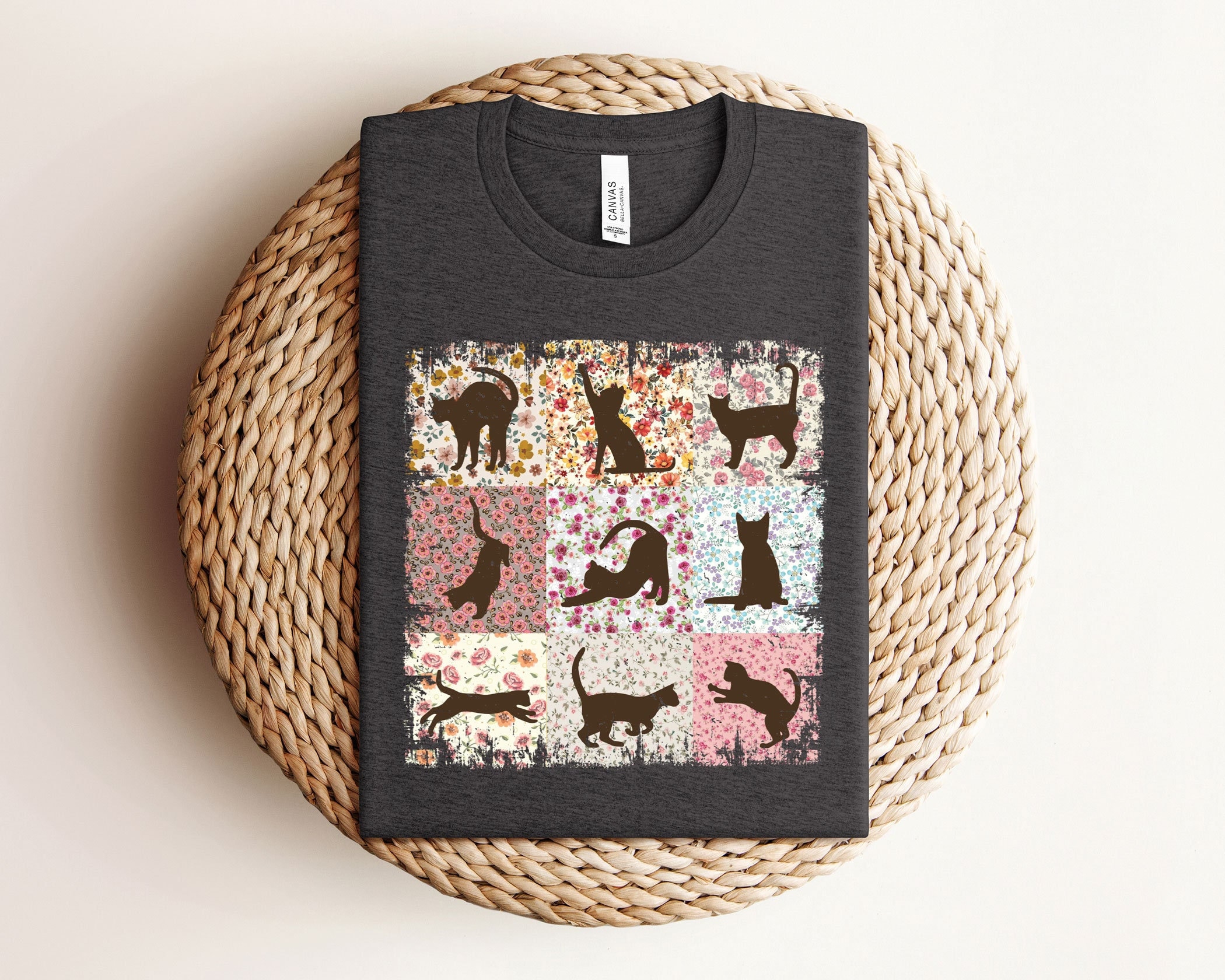 Boho Cats Shirt - Cat Mom T-shirt - Cottage-core Floral Kittens Tee ...