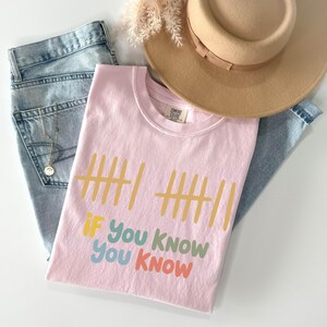 May include: A light pink t-shirt with the text "IF YOU KNOW YOU KNOW" in colorful letters. The shirt has a graphic of vertical lines. A light brown hat and blue jeans are also in the image.